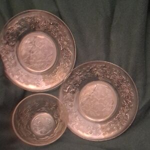 Vintage Floral Glass Dinnerware Set 2 salad plates and a bowl
